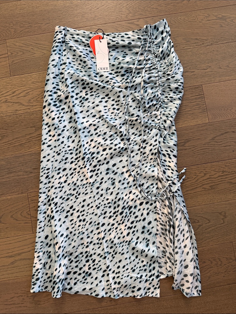 Cider Blue & Black Dotted Ruched Midi Skirt